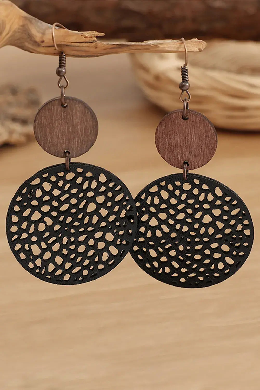 Hollow Out Wooden Round Drop Earrings Our Home to Yours Candles & Gifts (Black)