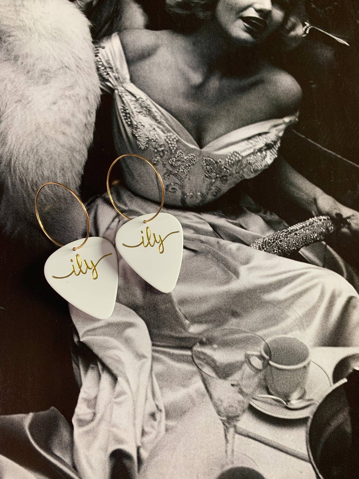 14K Gold Filled ILY White Guitar Pick Hoop Earrings (25mm)