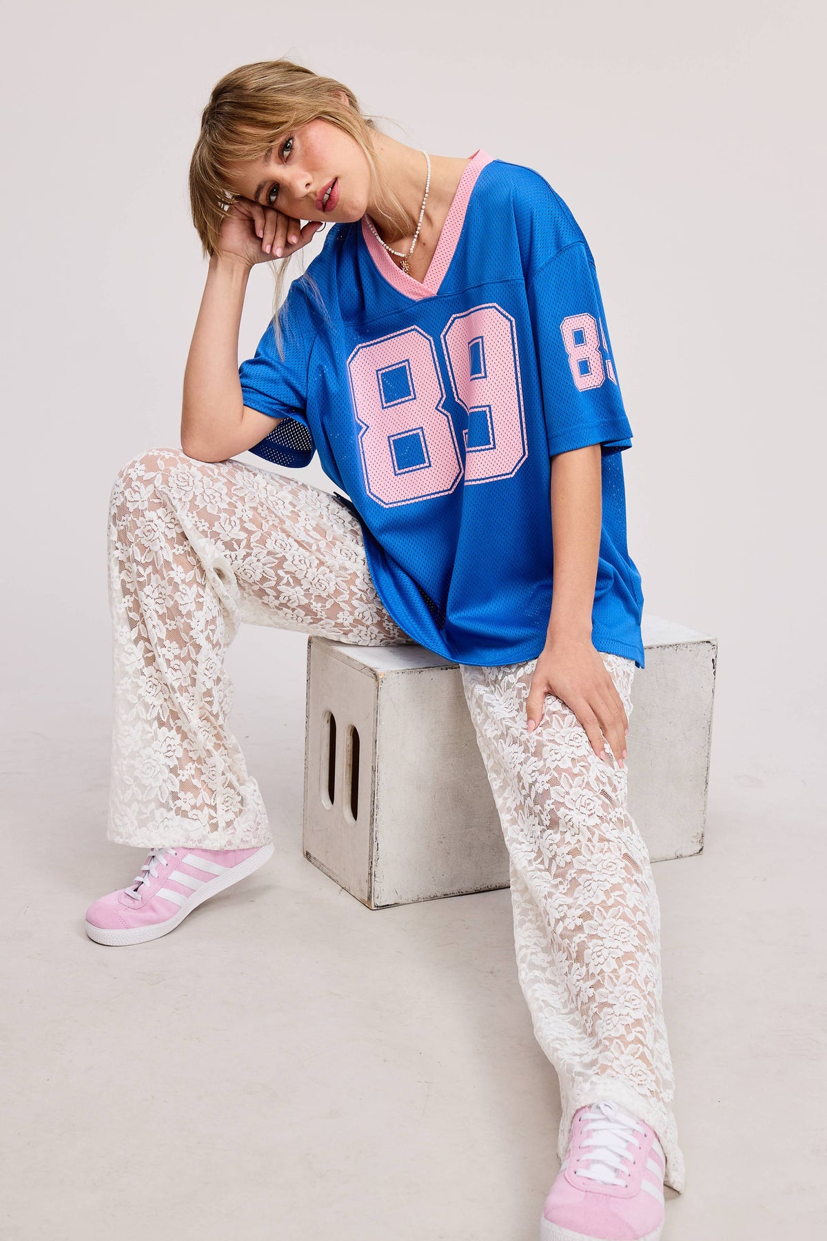 V Neck Sporty Jersey Shirt Top With Printed 89 Ivory