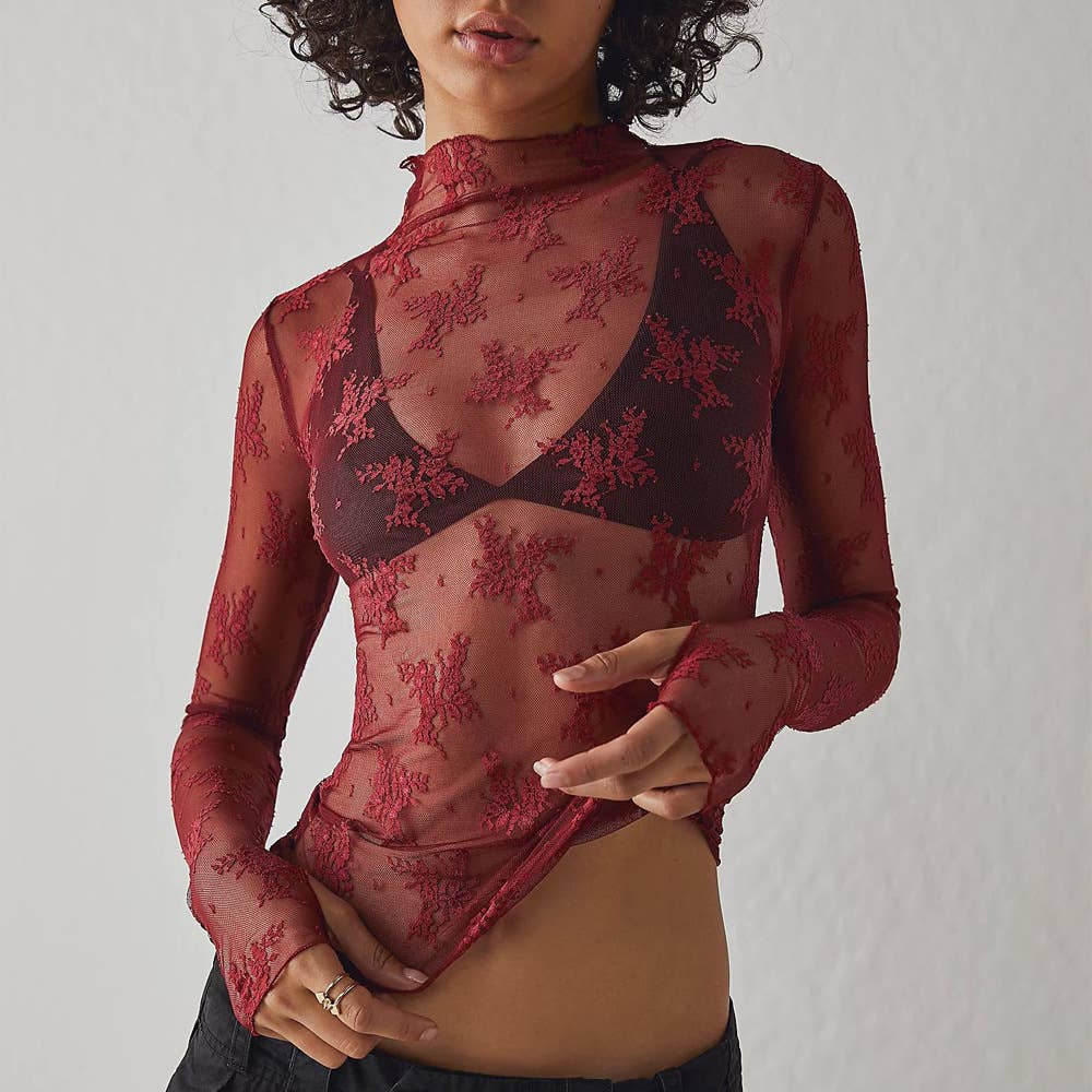 Sheer Lace Top Shirt Rosa Clothing (Wine Red)