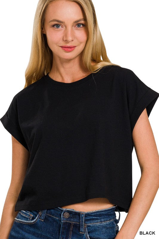 Cotton Folded Sleeve Top Zenana in Multiple Colors
