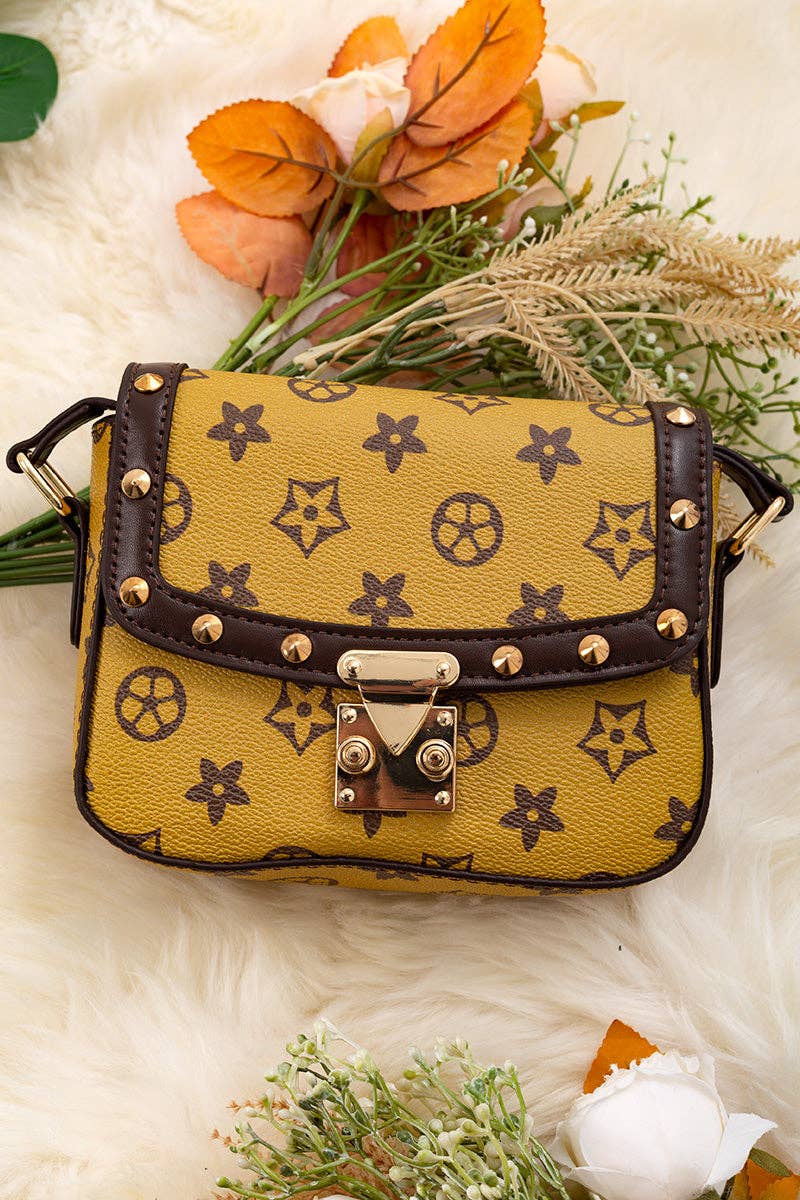 Yellow & Brown Trim/Spike Detail Crossbody Purse