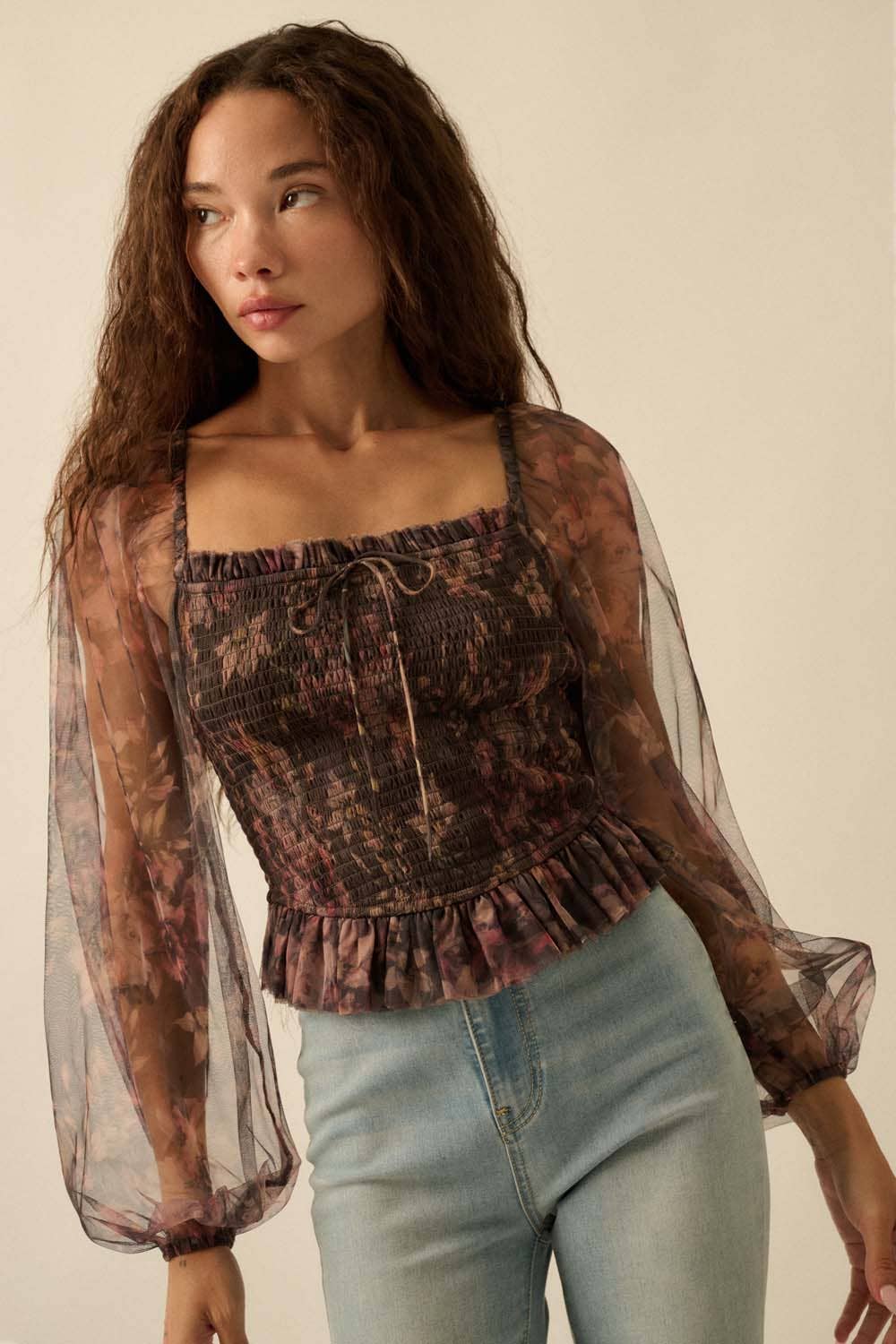 Layered Floral-Print Tulle Smocked Peasant Top by Promesa