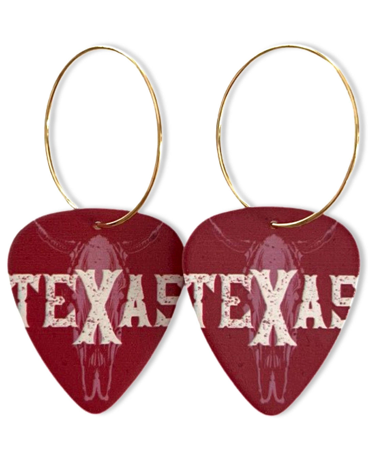 Texas Maroon Skull Reversible Single Guitar Pick Earrings 25mm Gold
