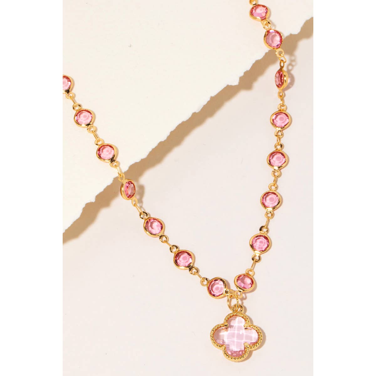 Pink Rhinestone Clover And Chain Pendant Necklace Anarchy Street