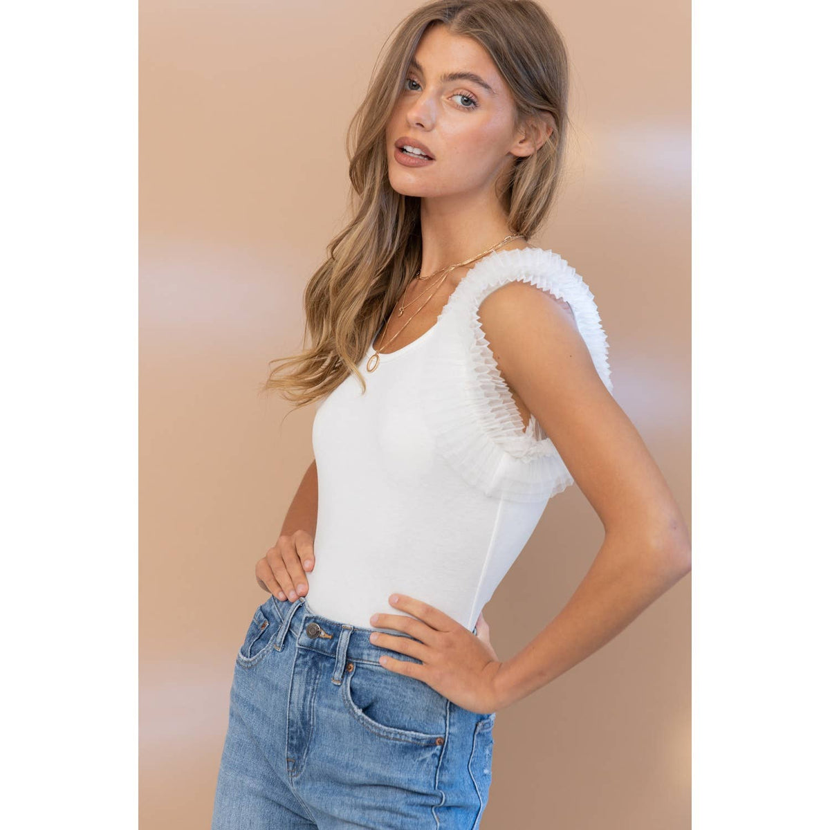 Tulle Ruffle Black Sleeve Bodysuit Apolline (White)