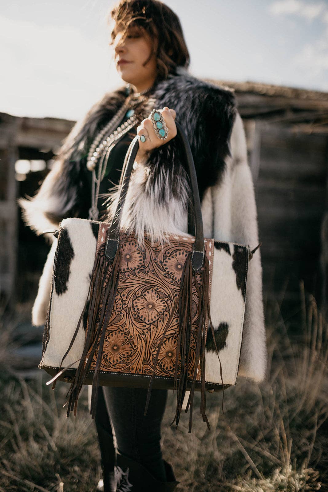 The Clementine Tooled Cowhide Leather Tote Purse Fringe Bag Exclusive design by Beth Marie