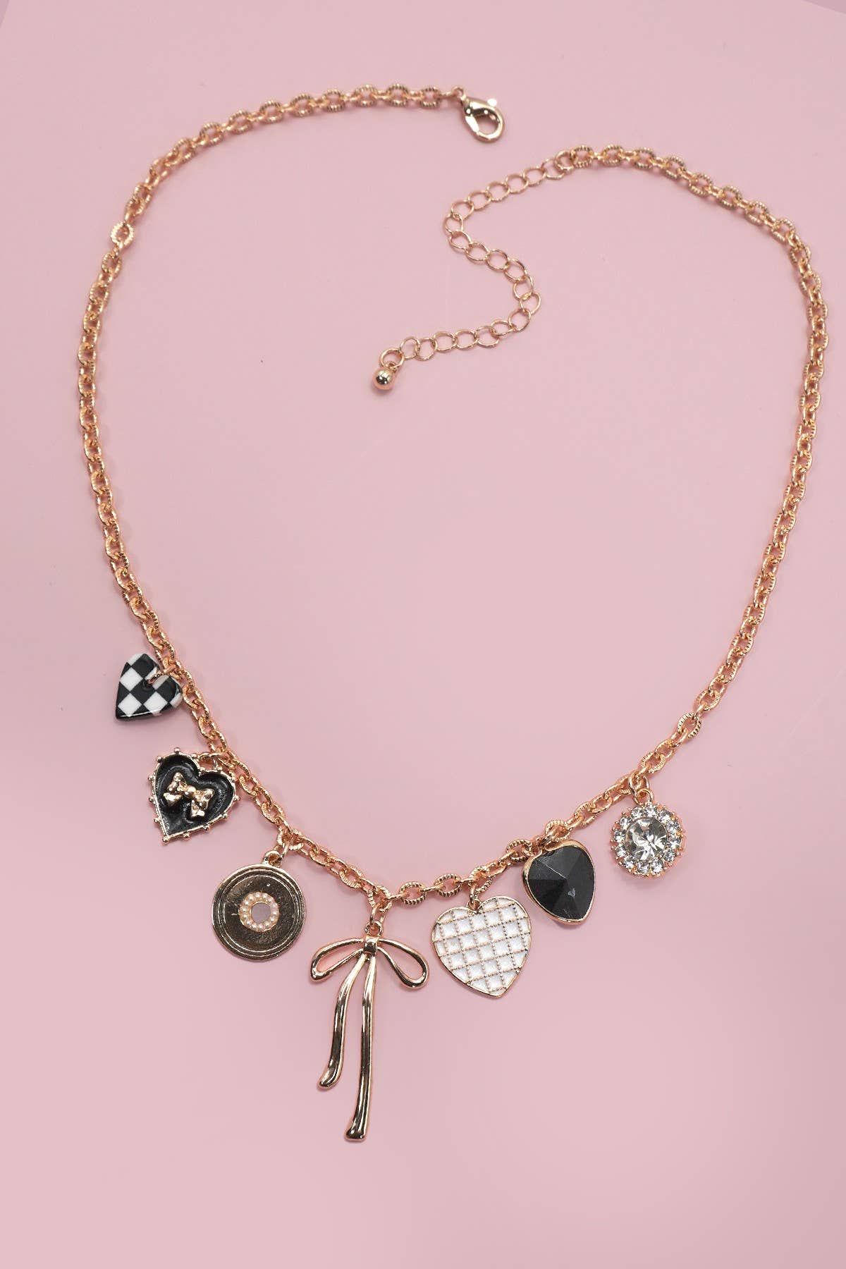 Charm Necklace Bow Checker Heart Rhinestone