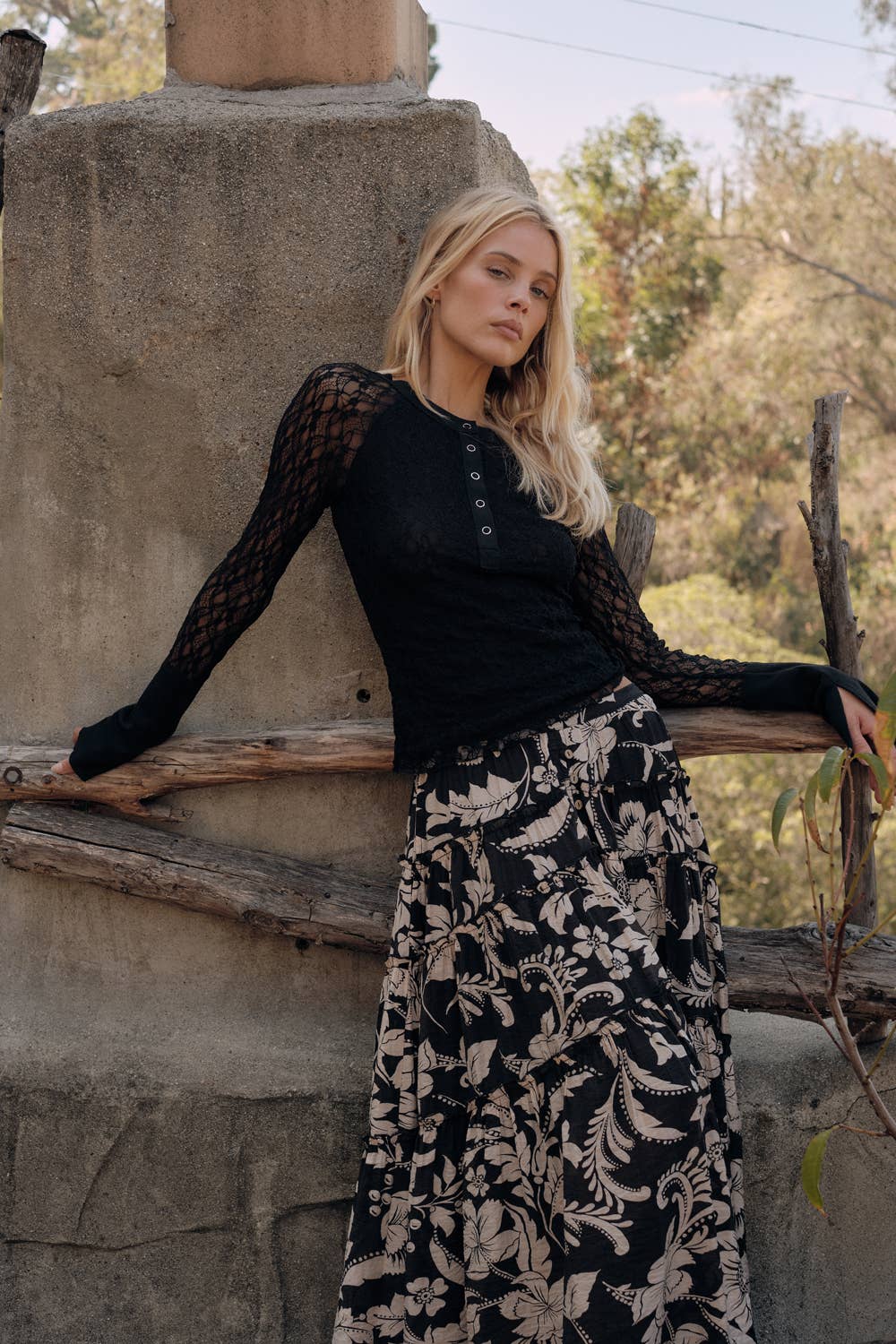 Floral Lace Raglan Sleeve Henley Top by Promesa