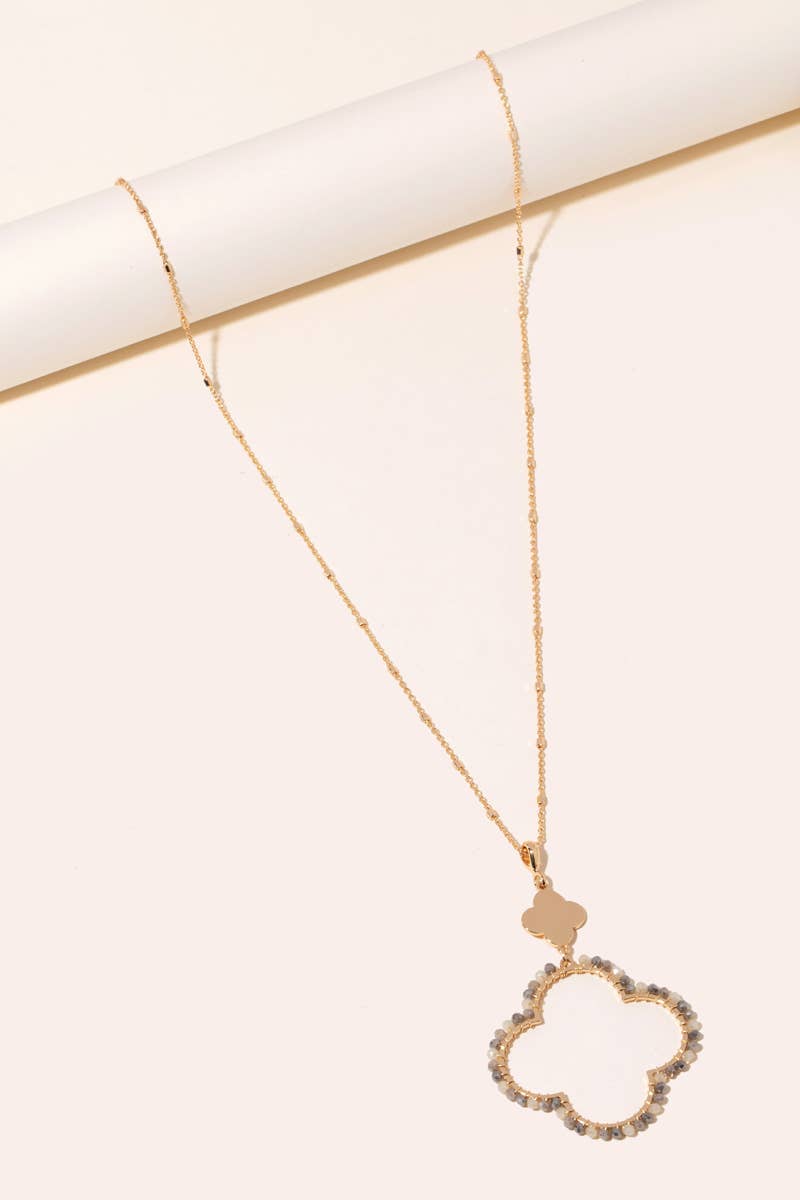 Beaded Clover Pendant Long Chain Necklace Anarchy Street (Grey)