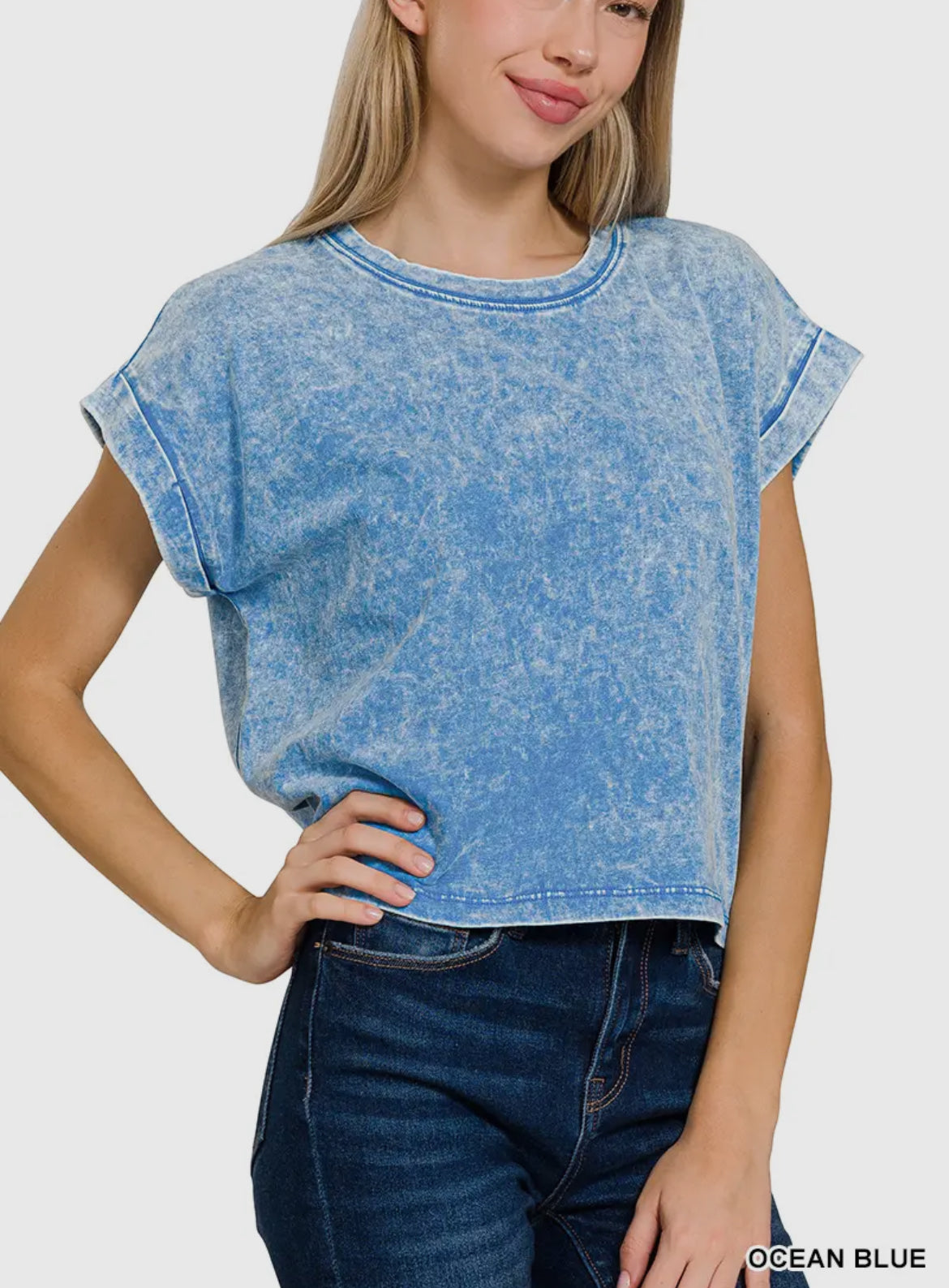 Acid Wash Cotton Folded Sleeve Top Zenana