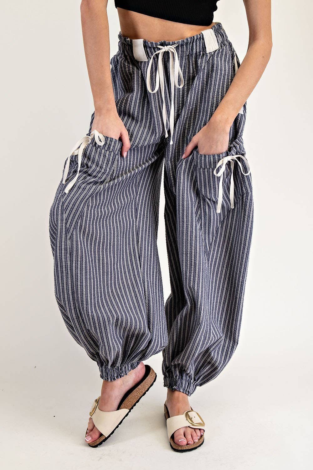 STRIPED DRAWSTRING SIDE POCKET JOGGER PANTS