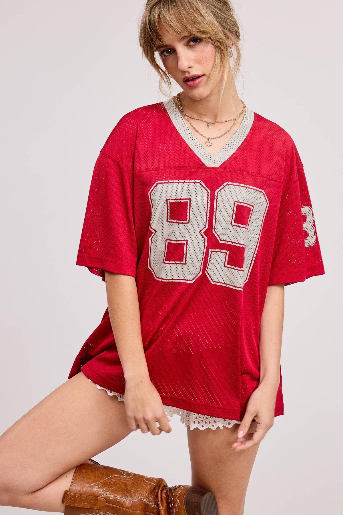 V Neck Sporty Jersey Shirt Top With Printed 89