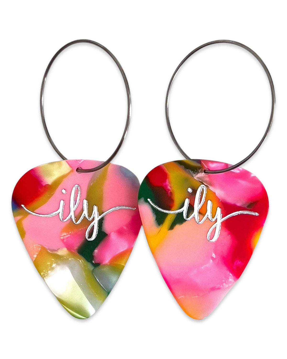 Guitar Pick Groupie Love ILY Cosmic Pearl Hoop Earrings