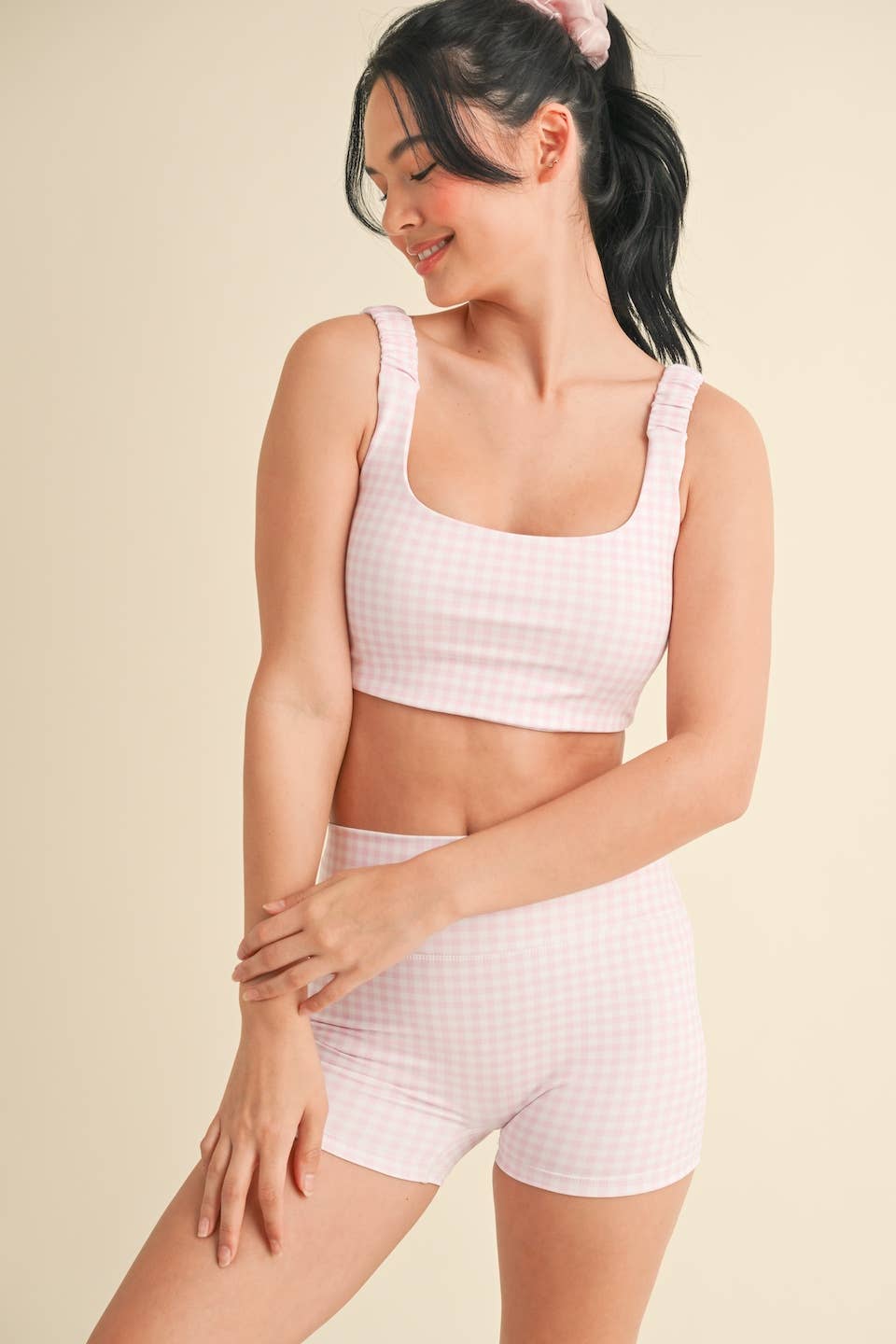 Pink Gingham Print Ruched Bra Top by Kimberly C