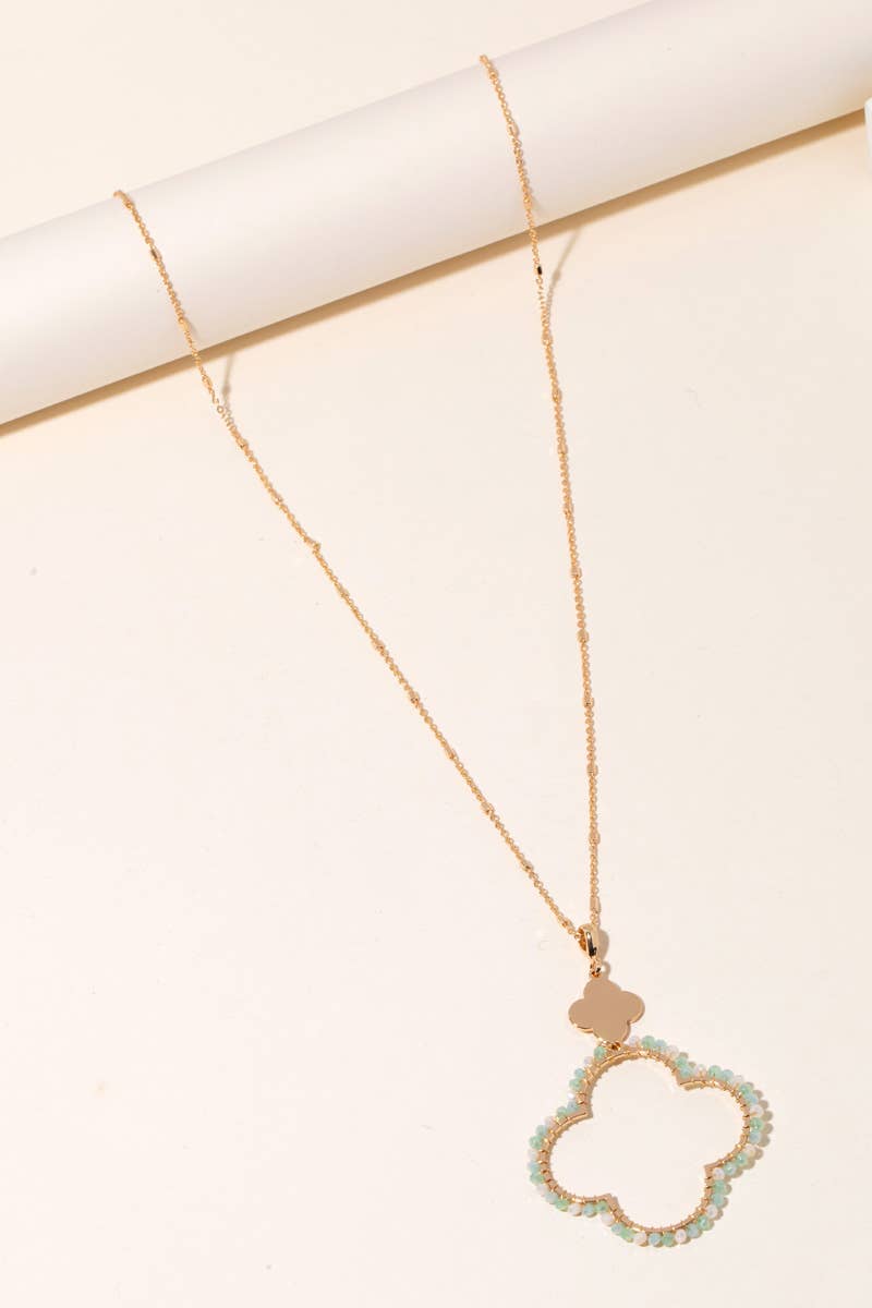 Beaded Clover Pendant Long Chain Necklace Anarchy Street (Mint)