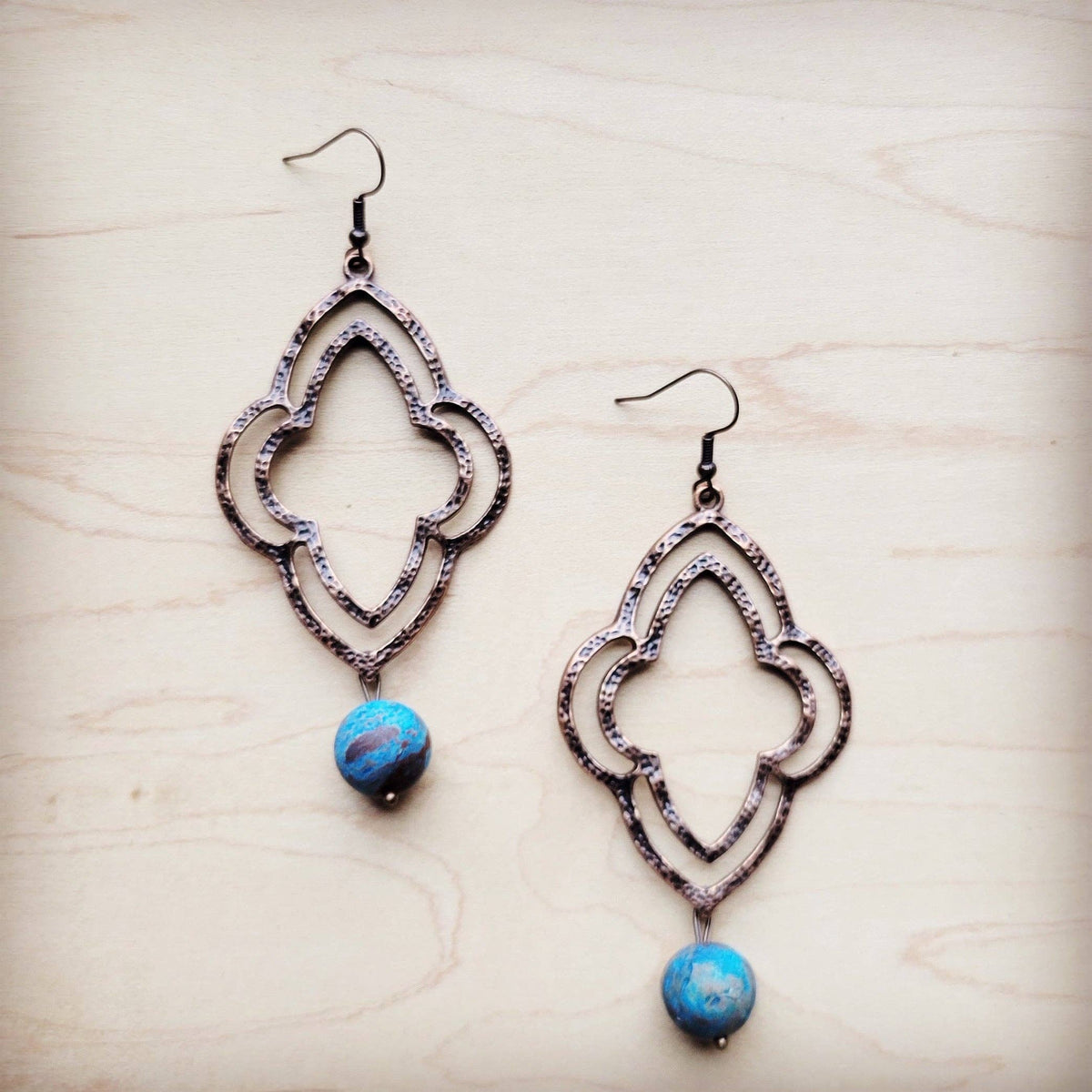 Ocean Agate Copper Filigree Drop Earrings