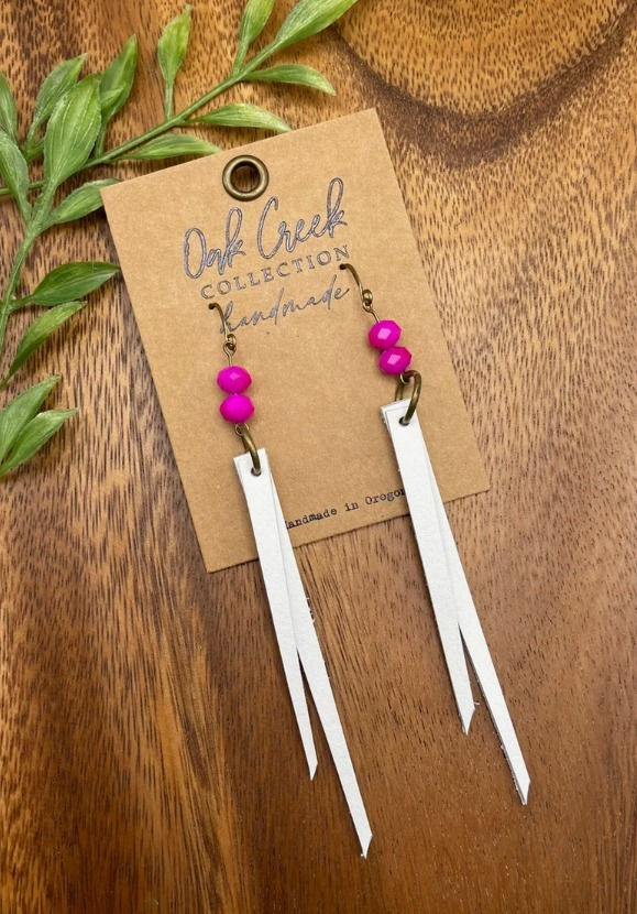 Bead W/Simple White Fringe Leather Earring Oak Creek Collection Handmade (Pink)