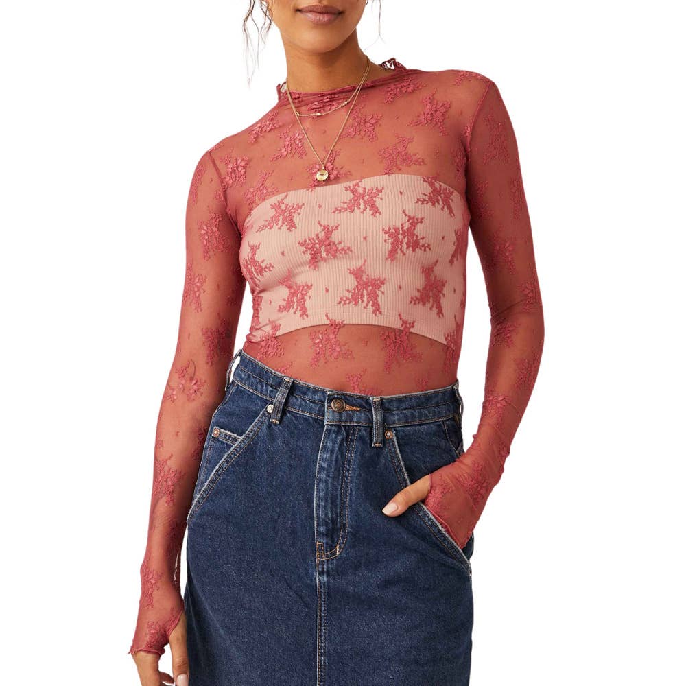 Sheer Lace Top Shirt Rosa Clothing (Mauve)