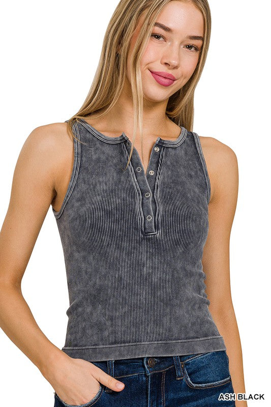 Washed Ribbed Seamless Button Up Tank Top