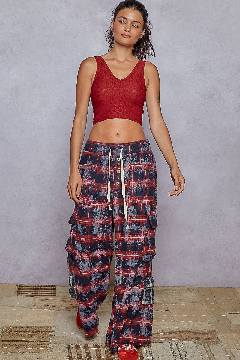 Tie Waist Plaid Cargo Pants Wide Leg by Pol