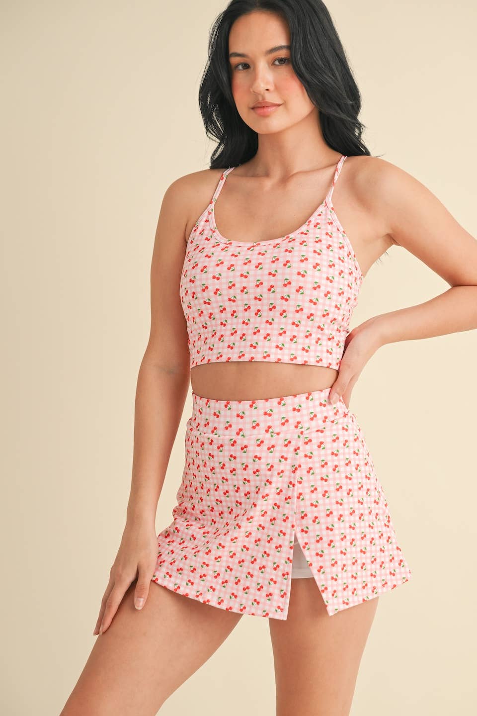 Cherry Gingham Print Racerback Crop Tank by Kimberly C