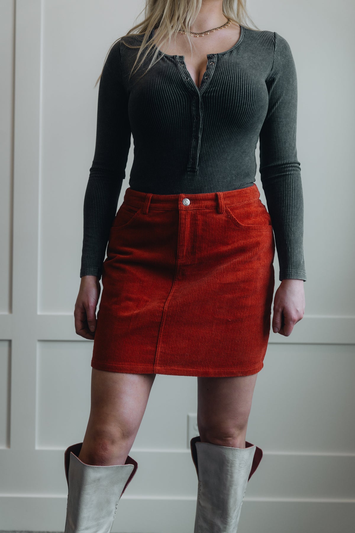 Mineral Wash Ribbed Snap Buttons Long Sleeve Bodysuit Charcoal