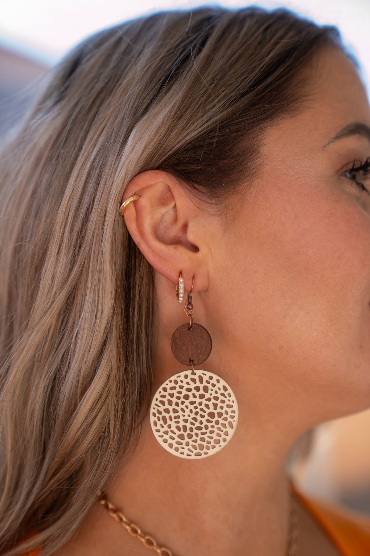 Hollow Out Wooden Round Drop Earrings Our Home to Yours Candles & Gifts (Beige)