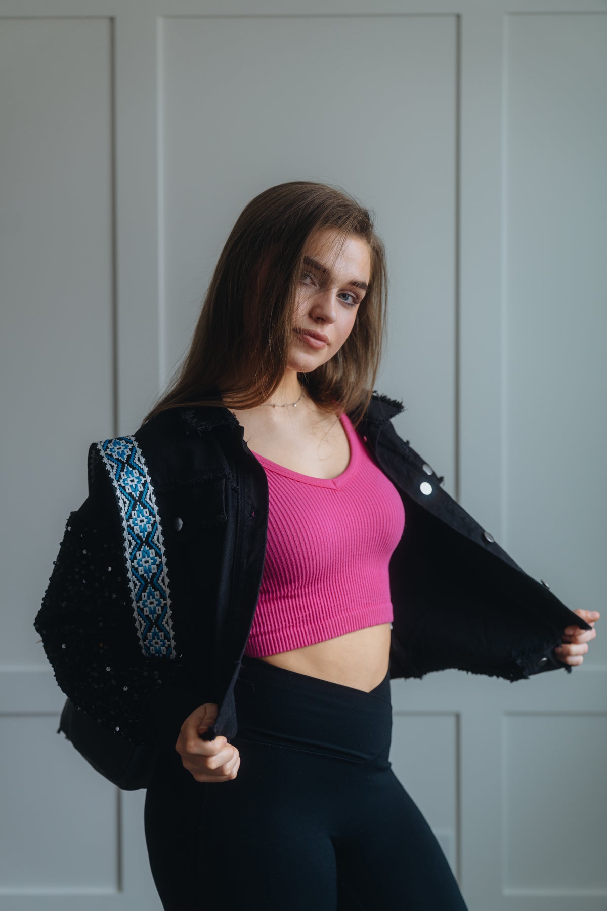 Sequin Sleeve Pocketed Raw Hem Denim Jacket