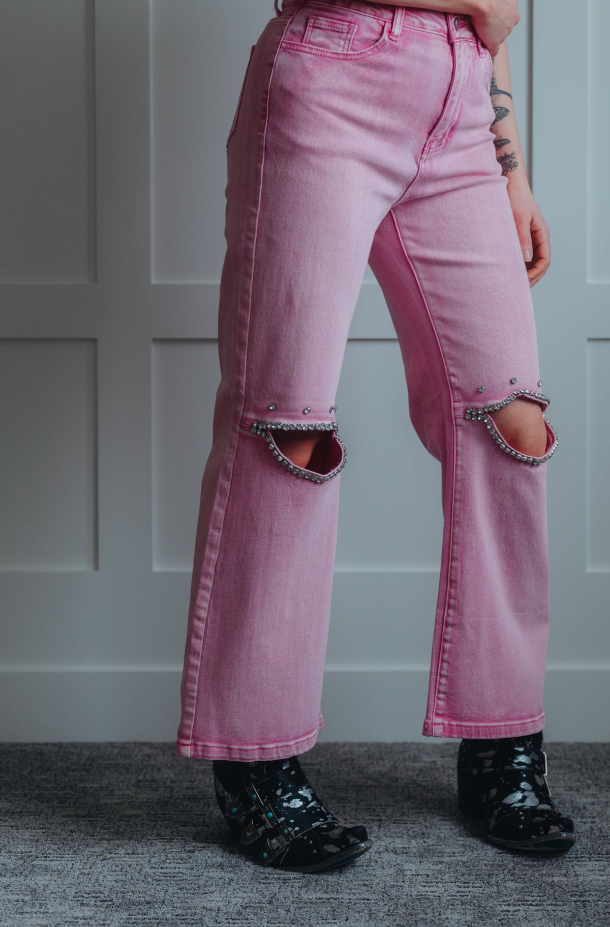 Pink High Waist Rhinestone Cutout Wide Leg Jeans