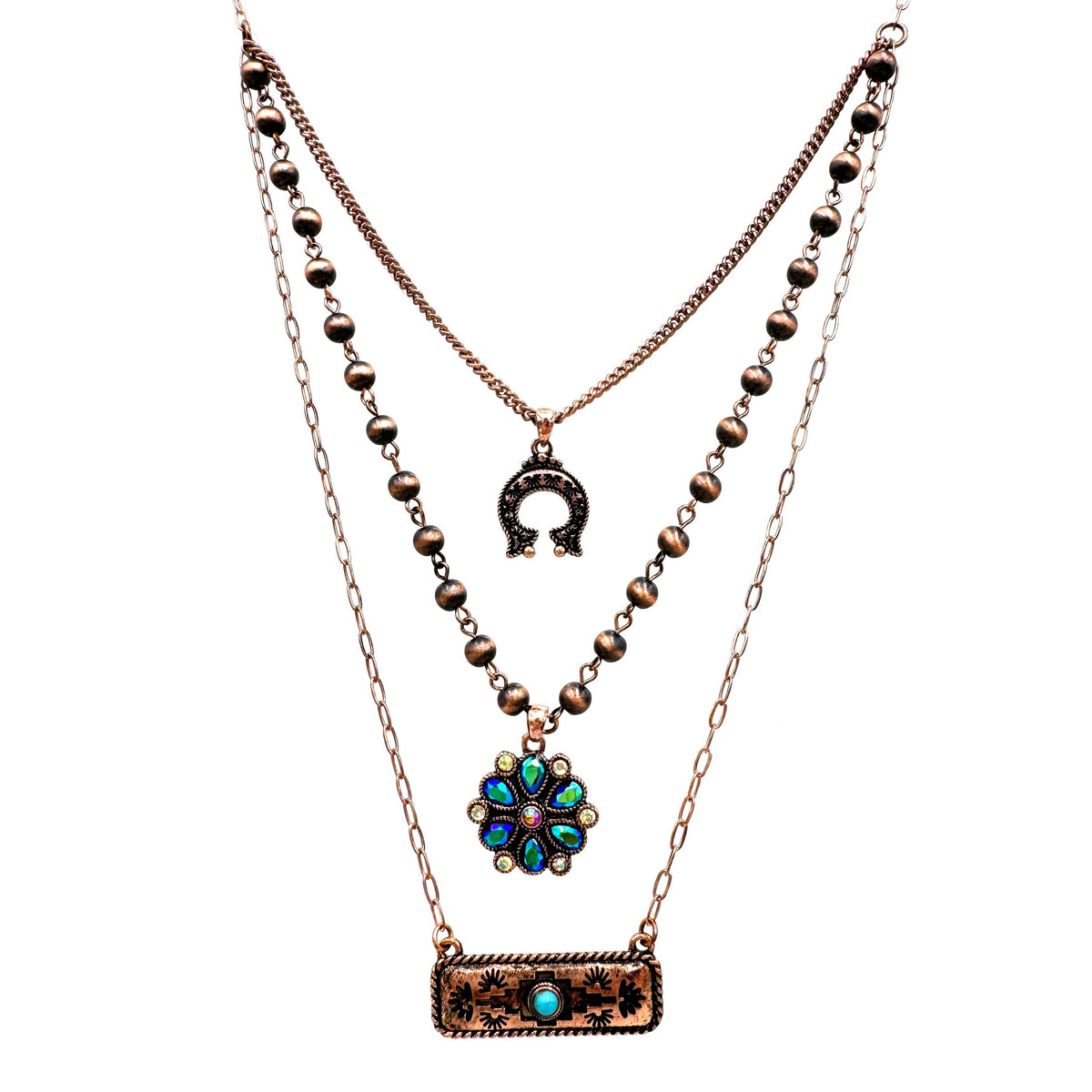 Collar de tres piezas con flor de herradura azteca de cobre y ciervo lunar