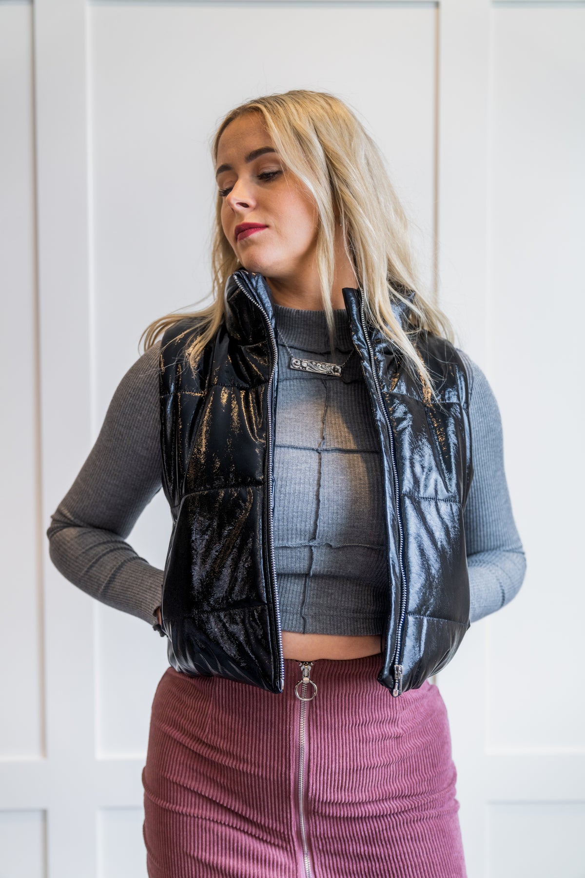Faux Leather Puffer Vest Style Up (Black)