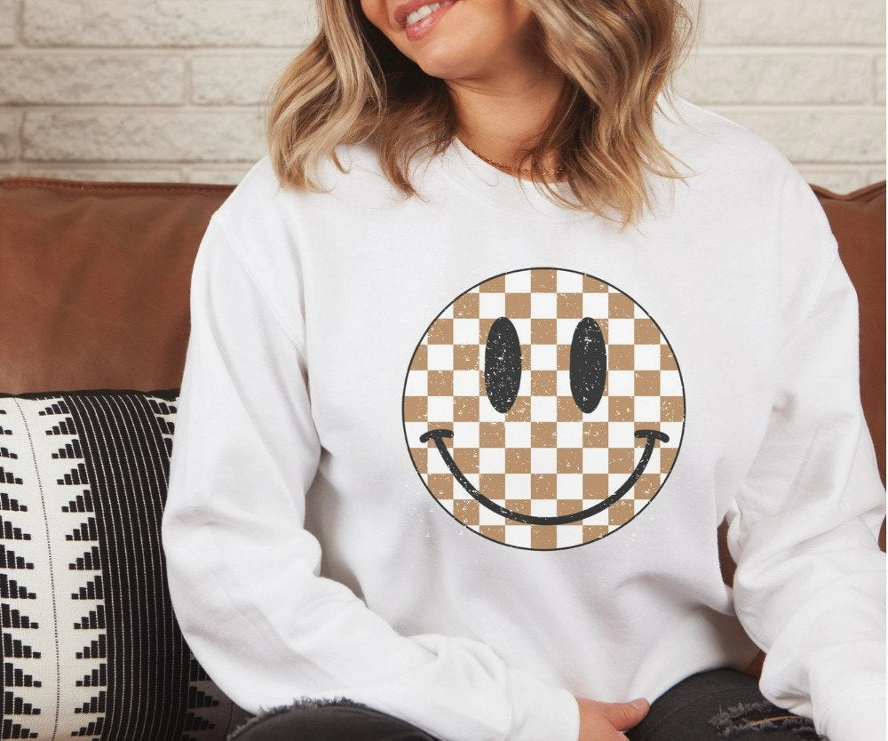Checker Happy Smiley Face Crew Neck Sweatshirt Amy Anne Apparel Inc (Brown)