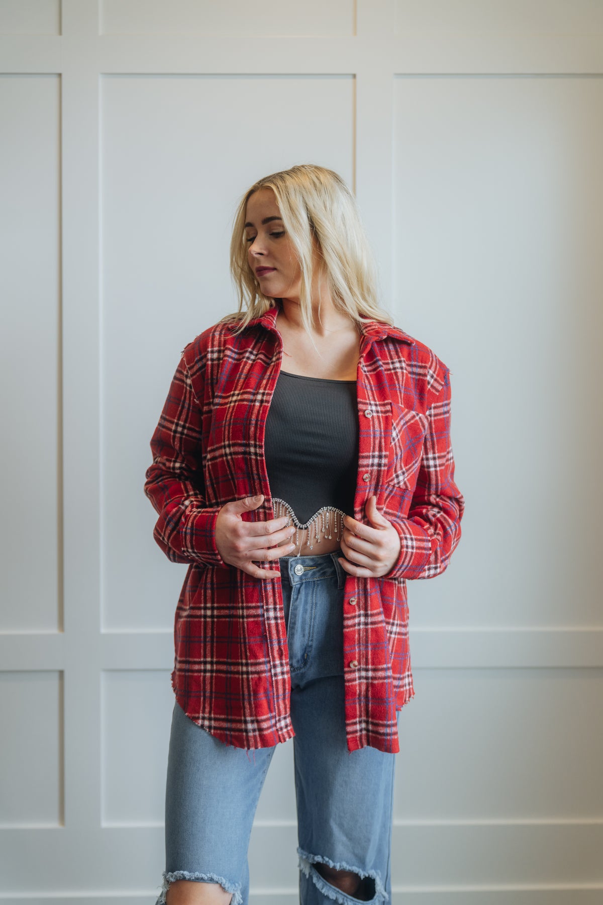 Button Down Fall Winter Plaid Shacket La Miel (Red)