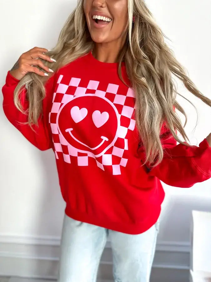 Checkered Heart Smiley Red Puff Crewneck Graphic