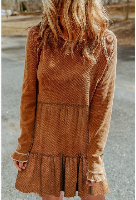Chestnut Textured Tiered Ruffled Long Sleeve Mini Dress Working Bull