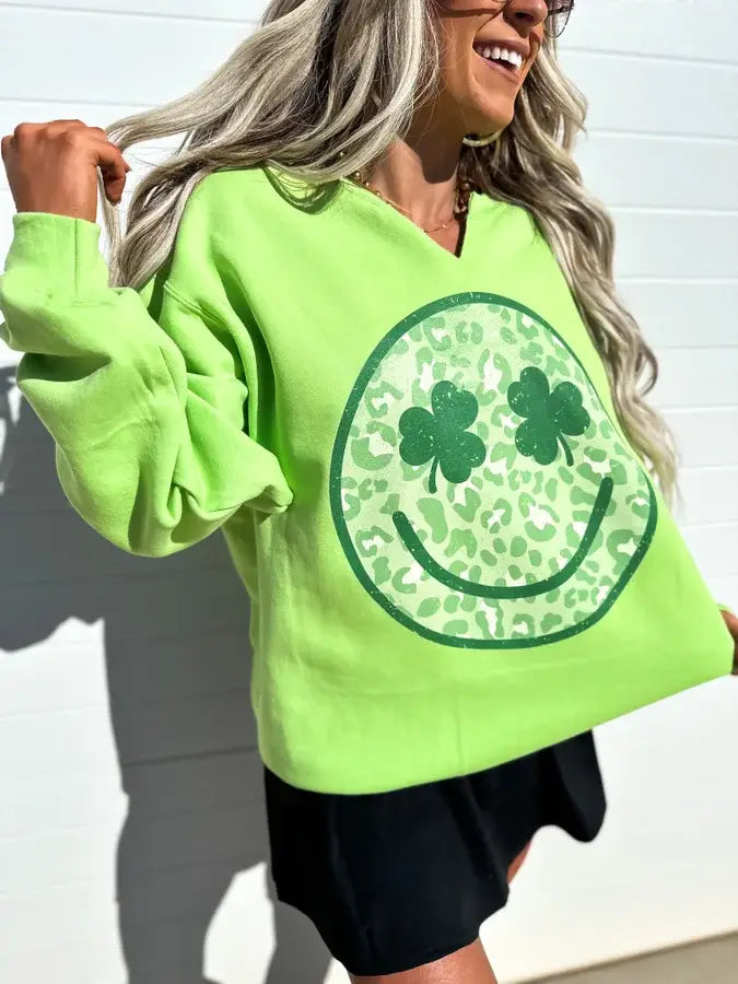 Clover Smiley Split Neck Lime Graphic Crewneck