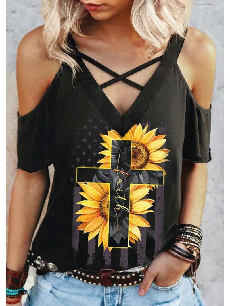 Cross Sunflower Printed Cold Shoulder T shirt