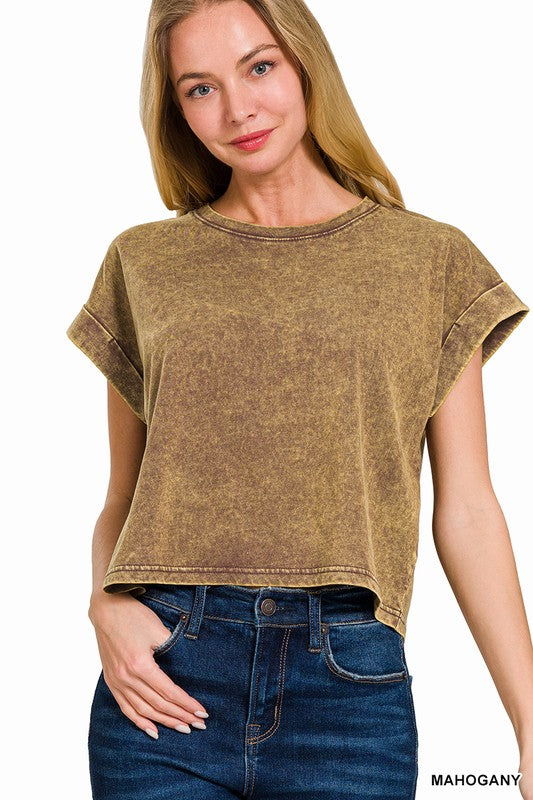 Acid Wash Cotton Folded Sleeve Top Zenana