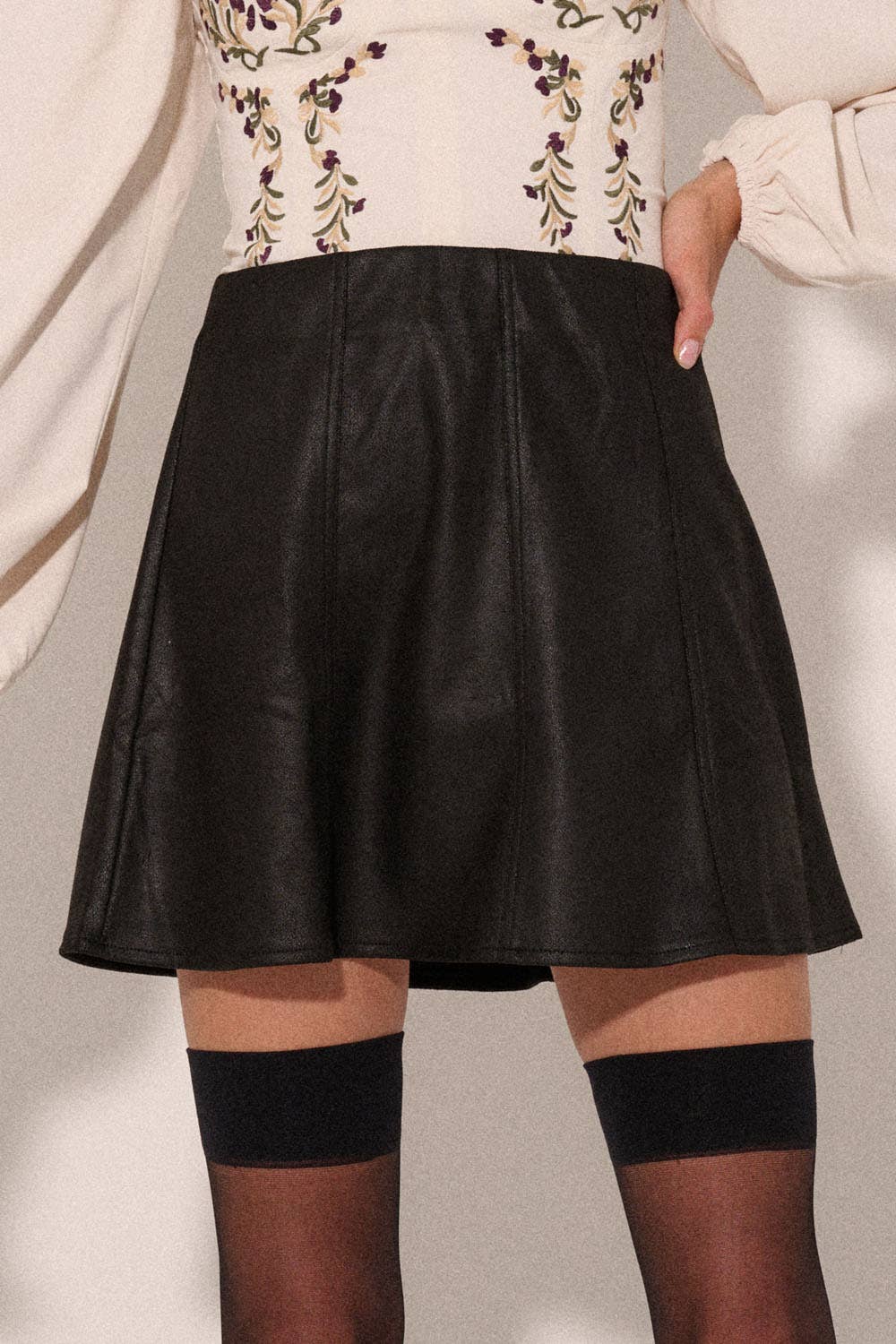 Faux Leather Panel Elastic Waist ALine Mini Skirt Promesa
