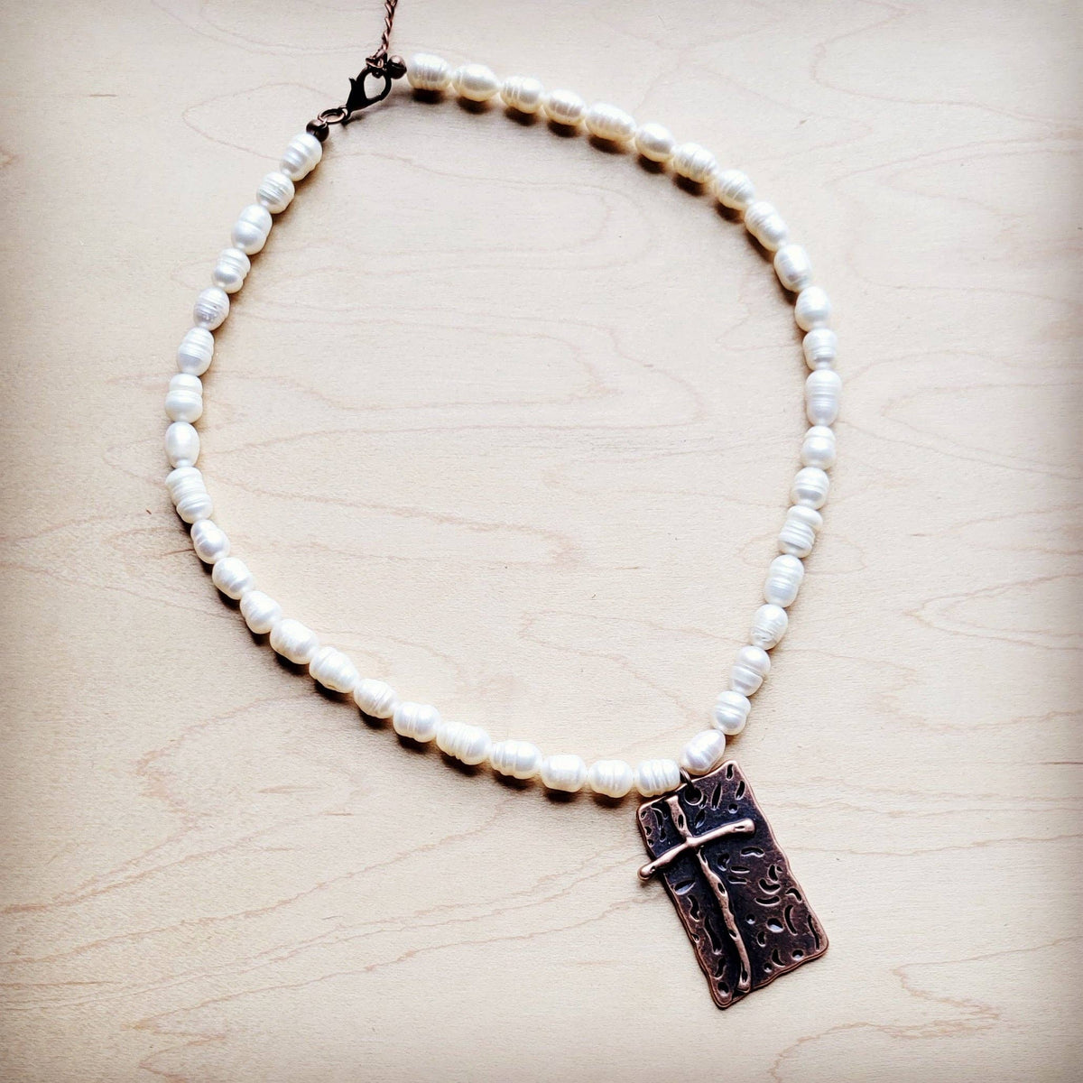 Freshwater Pearl Collar Necklace Copper Cross Pendant