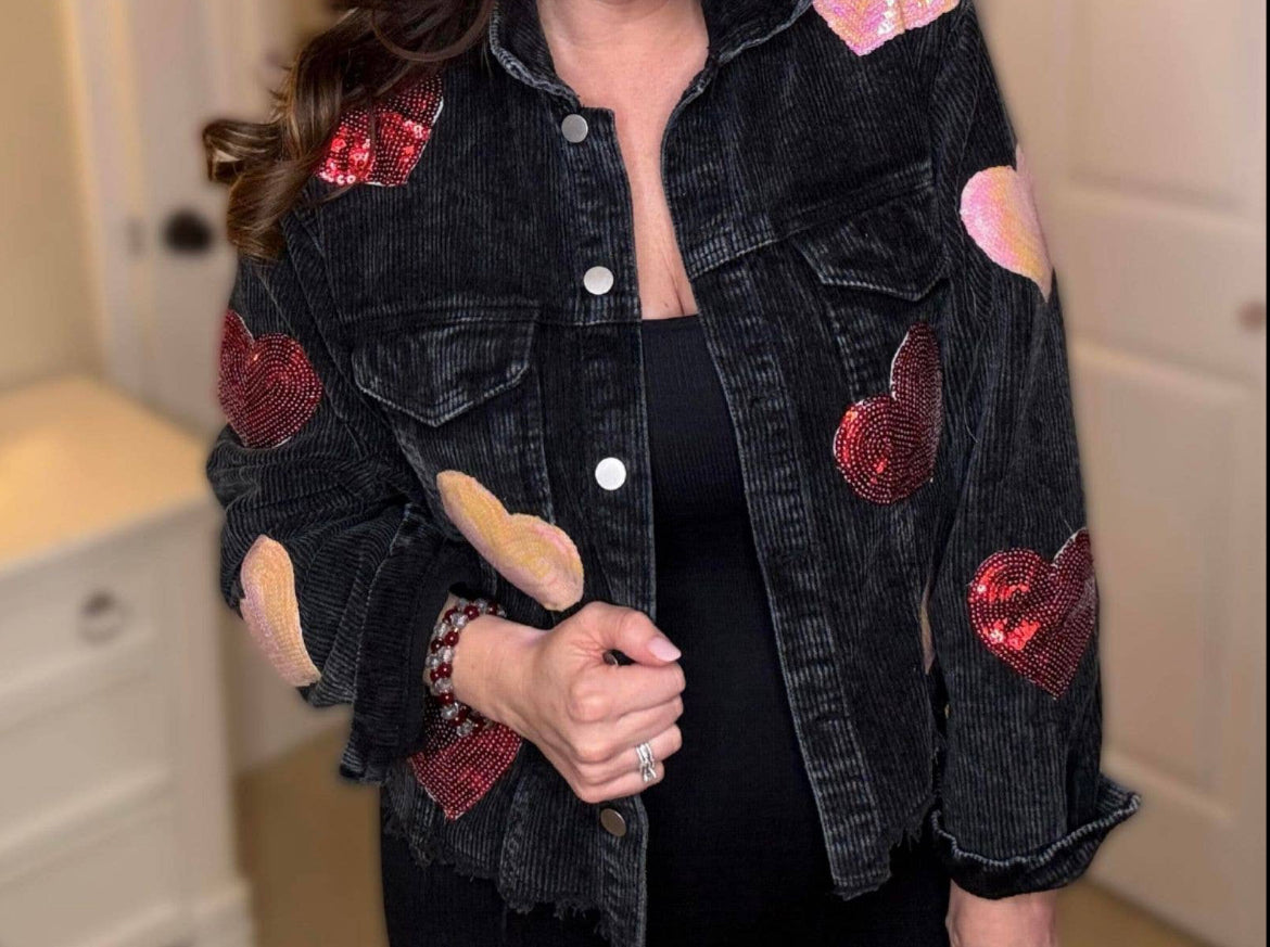 Love Sequins with Loose Corduroy Fleece Jacket