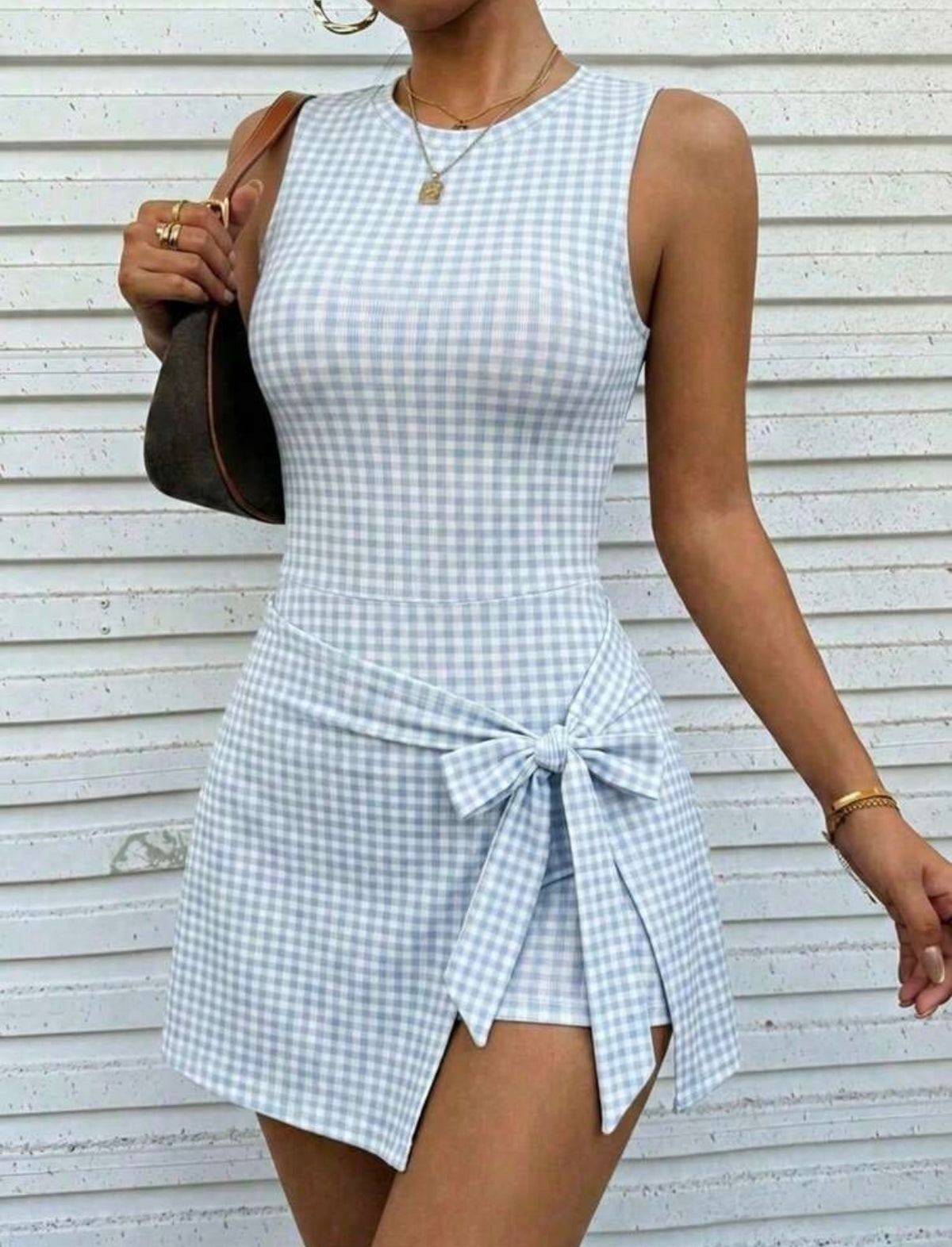 Blue Gingham Wrap Tie Dress