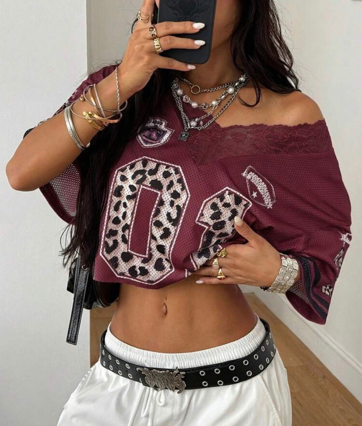 Maroon and Lace Jersey Leopard 23 Crop Top