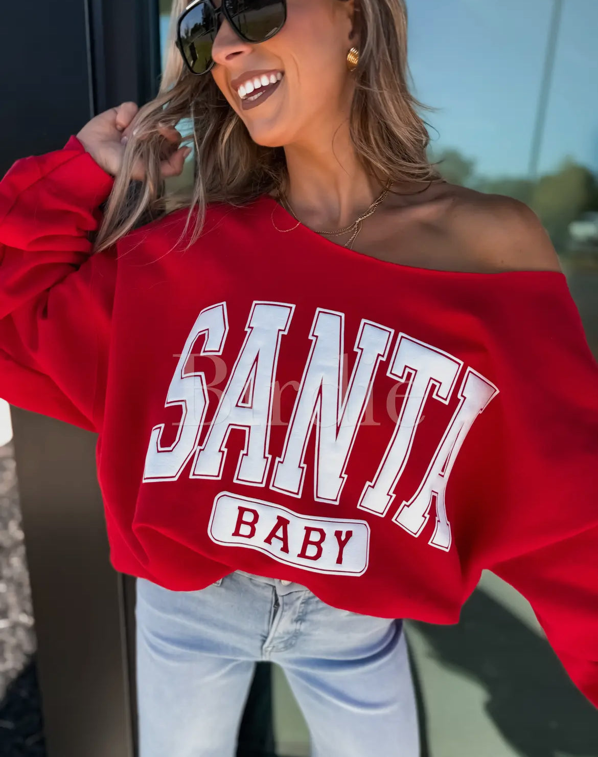 Santa Baby Graphic Crewneck Off the Shoulder