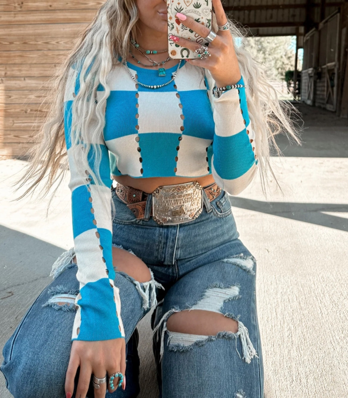 Turquoise Checkered Crop Sweater