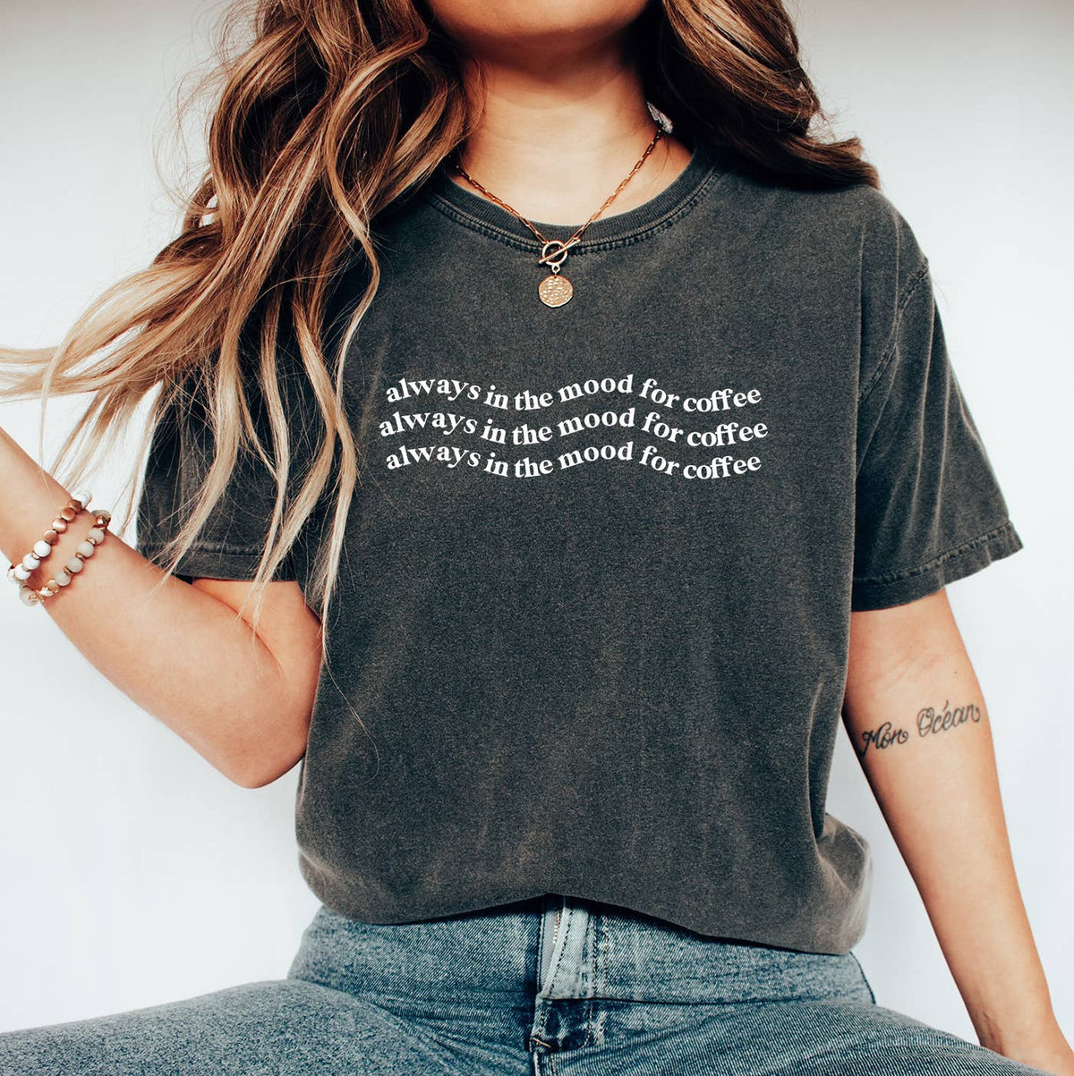 Always In the Mood for Coffee Tshirt Graphic Tee Painted Lavender