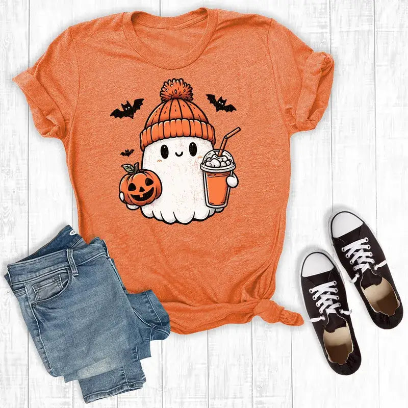 Halloween Ghost With Coffee Graphic Tshirts Orange Rebel Rose