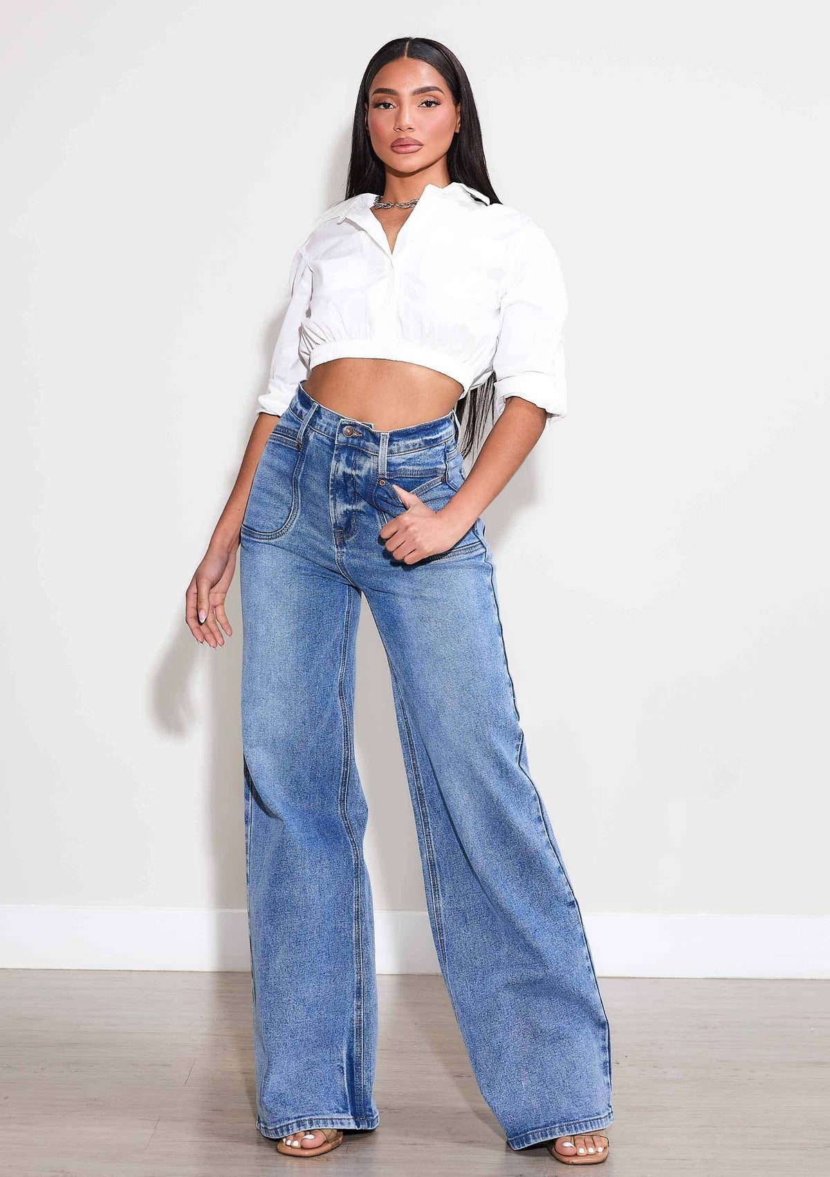 Vibrant High Rise Square Pocket Wide Leg Jeans