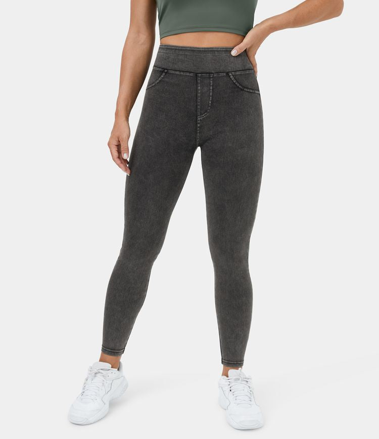 High Waisted Back Pocket Stretchy Knit Denim Casual Leggings by Halara (Grey)